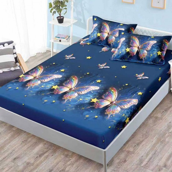 Husa de pat cu elastic + 2 fete perna Fluturi Blue Husa de pat cu elastic + 2 fete perna Fluturi Blue