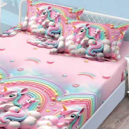 Husa de pat cu elastic + 2 fete perna Unicorn Roz