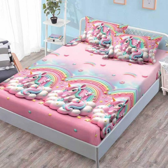 Husa de pat cu elastic + 2 fete perna Unicorn Roz