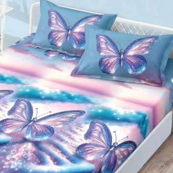 Husa de pat cu elastic + 2 fete perna Fluturi Turcoaz Husa de pat cu elastic + 2 fete perna Fluturi Turcoaz