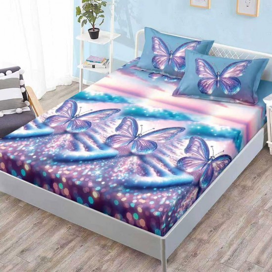 Husa de pat cu elastic + 2 fete perna Fluturi Turcoaz