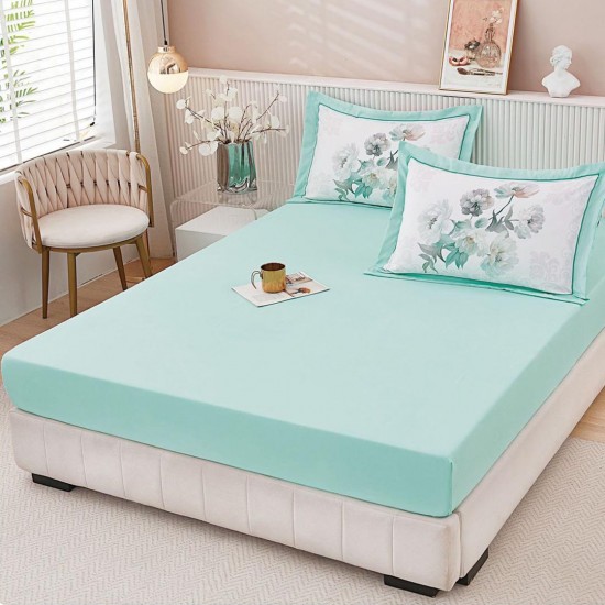 Husa de pat cu elastic + 2 fete perna Flower Turcoaz