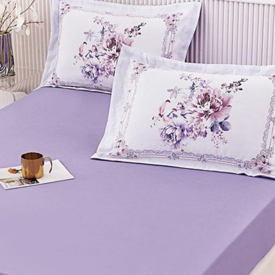 Husa de pat cu elastic + 2 fete perna Flower Mov