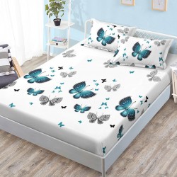 Husa de pat cu elastic + 2 fete perna Fluturi