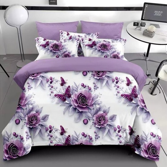 Lenjerie de pat cu elastic 5D bumbac finet 6 piese Purple Roses