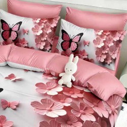 Lenjerie de pat cu elastic 5D bumbac finet 6 piese Pink Butterfly Lenjerie de pat cu elastic 5D bumbac finet 6 piese Pink Butterfly