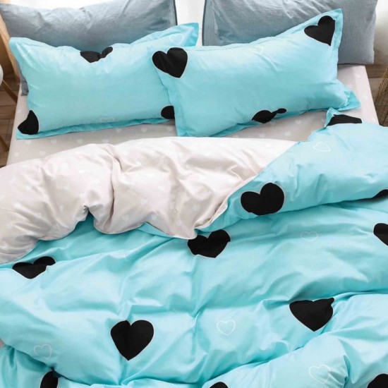 Lenjerie Bumbac Satinat cu Elastic 1 Persoana Blue Hearts