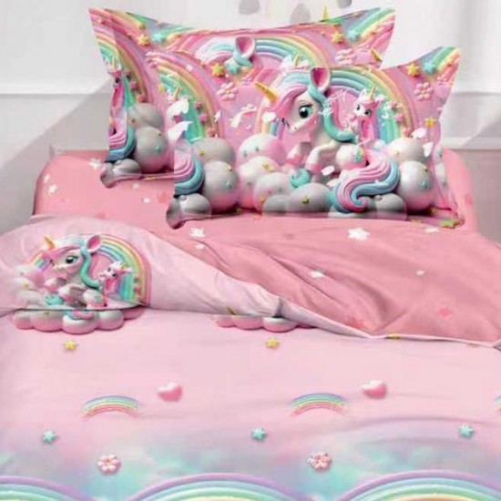 Lenjerie Bumbac Finet cu Elastic 1 Persoana Unicorn Roz