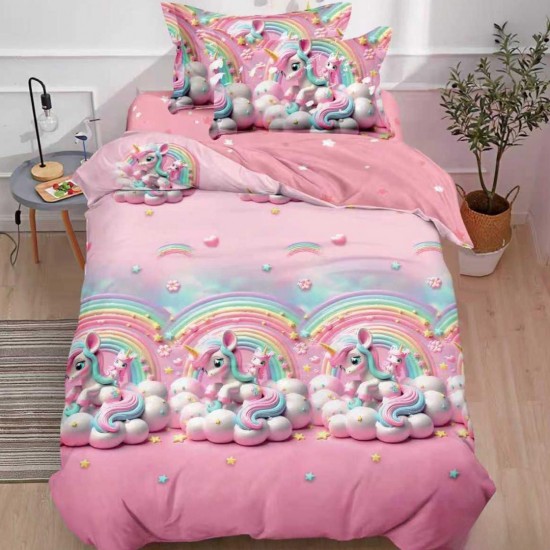 Lenjerie Bumbac Finet cu Elastic 1 Persoana Unicorn Roz