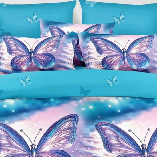 Lenjerie de pat cu Elastic Bumbac Finet 6 Piese Fluturi Turcoaz