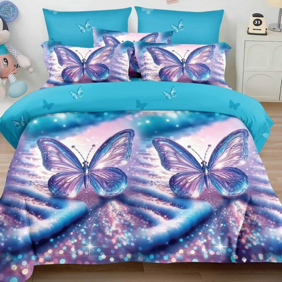 Lenjerie de pat cu Elastic Bumbac Finet 6 Piese Fluturi Turcoaz
