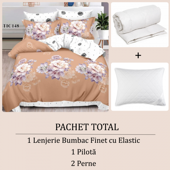 Pachet Total - 1Lenjerie Bumbac Finet cu elastic + Pilota + 2Perne